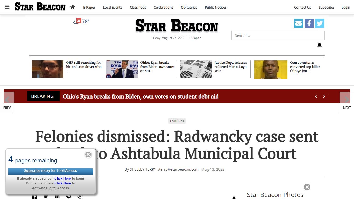 Felonies dismissed: Radwancky case sent back to Ashtabula Municipal Court